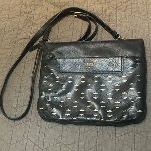 Fossil Laser Cut Crossbody Purse Black Gold Leather